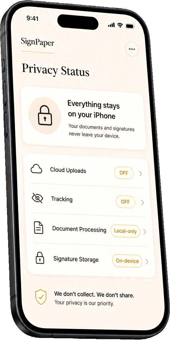 SignPaper on iPhone — 100% on-device privacy panel